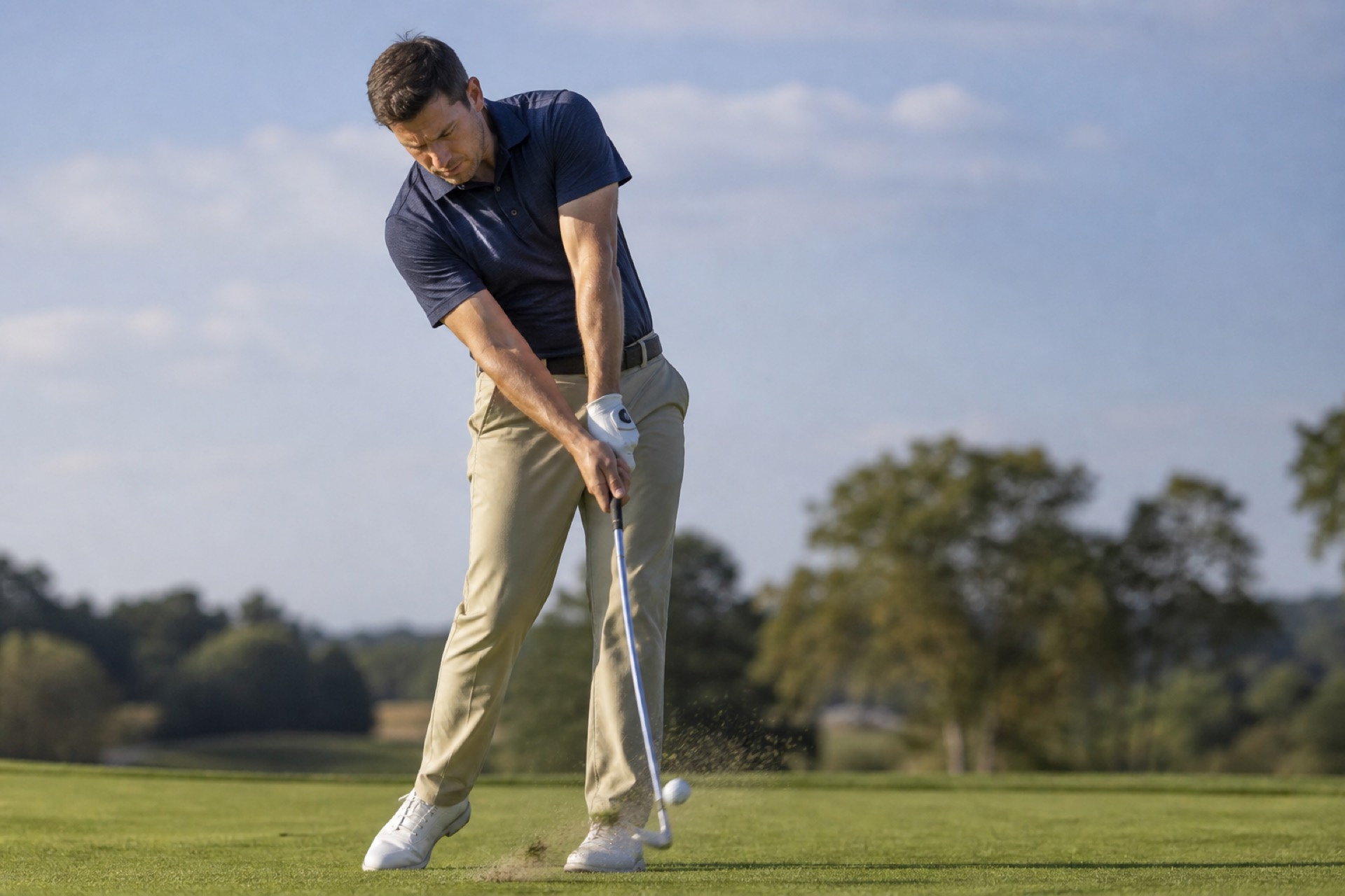Golfer at impact, illustrating the swing review